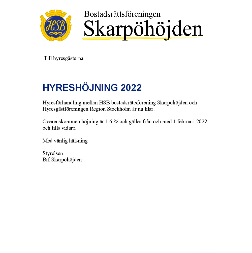 Hyreshöjning 2022